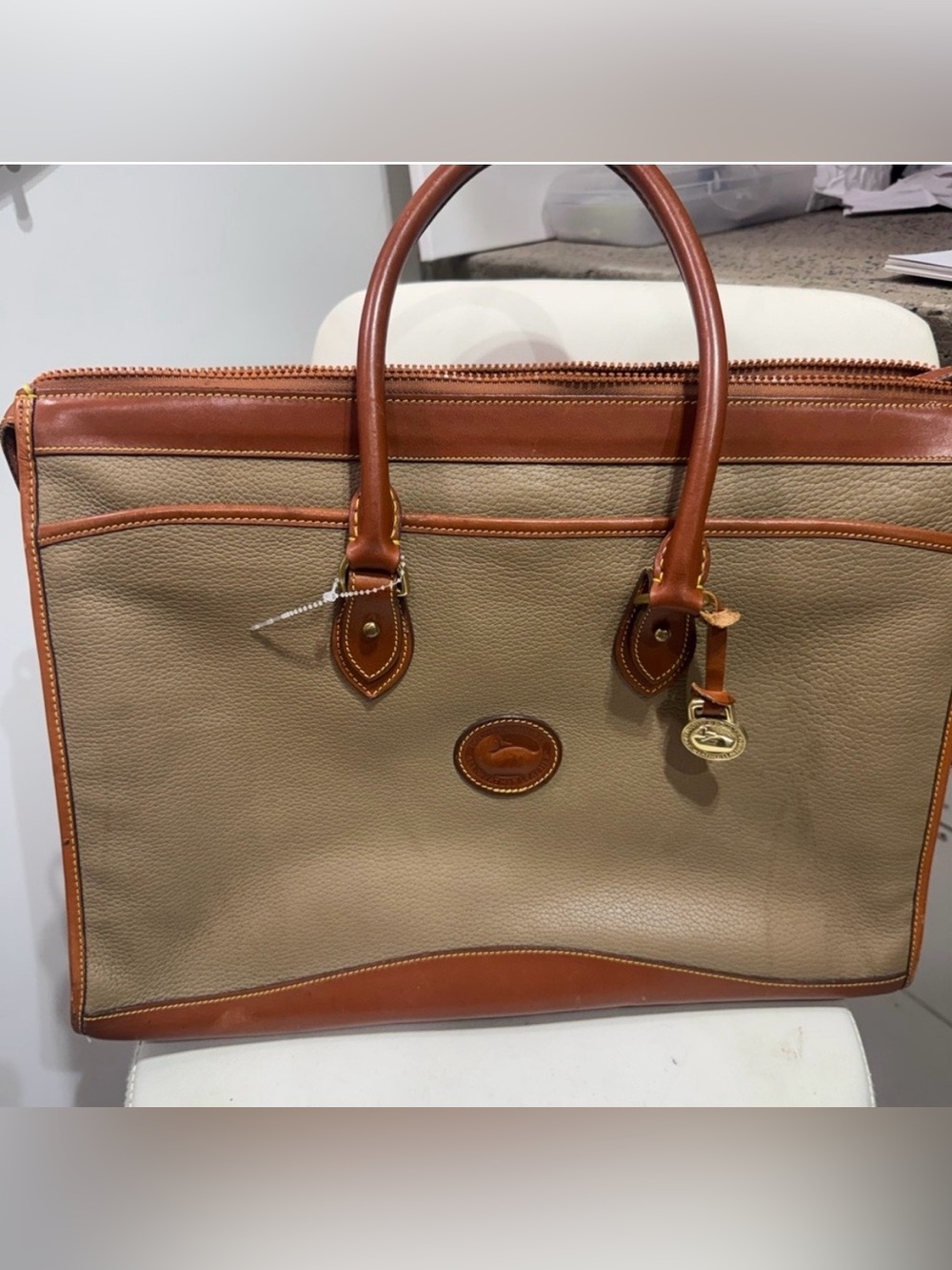 Vintage Dooney & Bourke Tan Leather Laptop Briefcase Work Bag - Picture 2 of 5